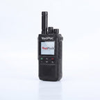 A black RedPoc handheld walkie-talkie radio with an antenna, standing upright on a clean white reflective surface.
