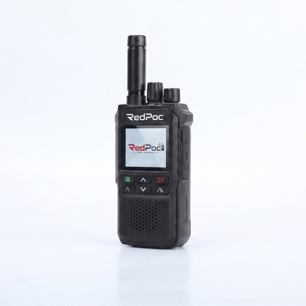 A black RedPoc handheld walkie-talkie radio with an antenna, standing upright on a clean white reflective surface.