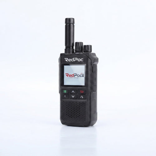 A black RedPoc handheld walkie-talkie radio with an antenna, standing upright on a clean white reflective surface.