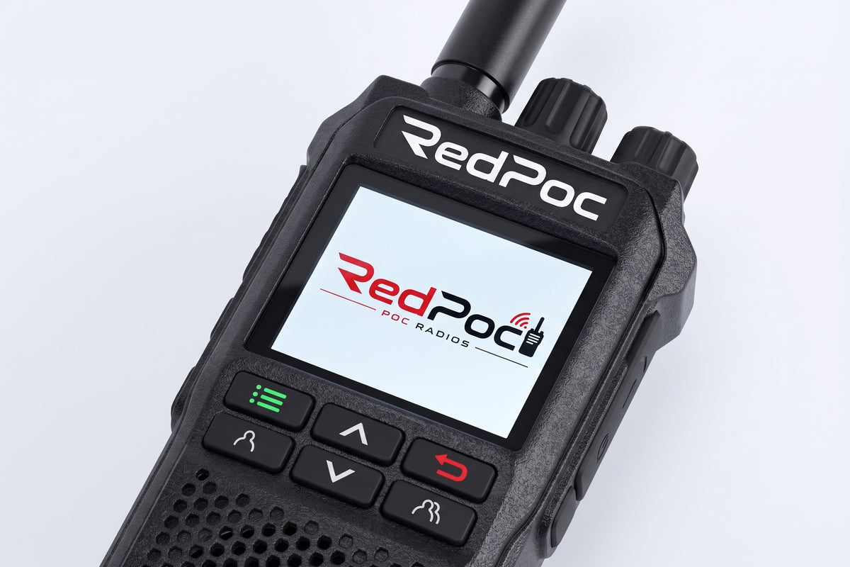 A close-up of a RedPoc handheld radio device with its screen on, displaying the RedPoc logo. The device is black with a textured grip, side knobs, and control buttons on a clean white background.